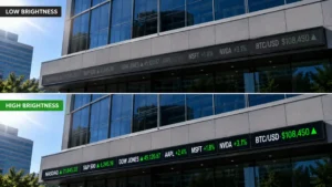 High brightness vs low brightness outdoor LED ticker display comparison