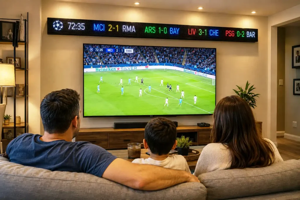 LED sports ticker display scrolling live scores above a sports bar counter.