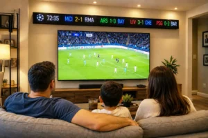LED sports ticker display scrolling live scores above a sports bar counter.
